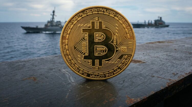 Bitcoin en primer plano con buques militares desenfocados.