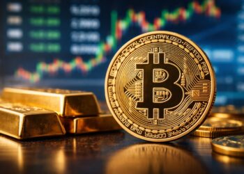 Bitcoin en primer plano junto a lingotes de oro y mercado bursátil.