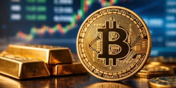 Bitcoin en primer plano junto a lingotes de oro y mercado bursátil.