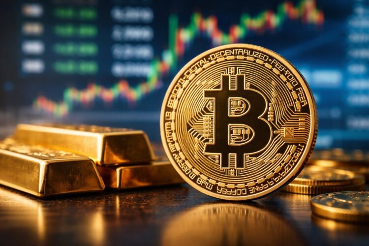 Bitcoin en primer plano junto a lingotes de oro y mercado bursátil.
