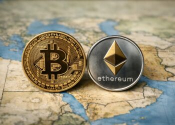 Bitcoin y Ethereum sobre mapa de Medio Oriente desenfocado.