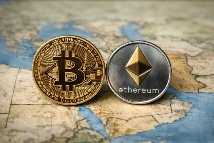 Bitcoin y Ethereum sobre mapa de Medio Oriente desenfocado.