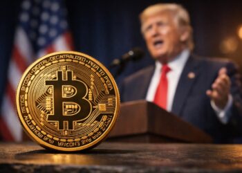 Bitcoin en primer plano con Donald Trump hablando al fondo.
