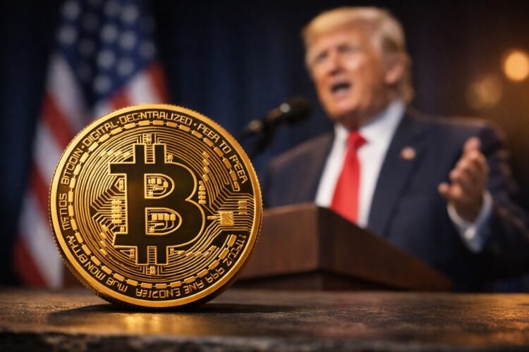 Bitcoin en primer plano con Donald Trump hablando al fondo.