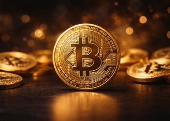 Moneda de Bitcoin en primer plano con varias monedas desenfocadas.