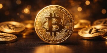 Moneda de Bitcoin en primer plano con varias monedas desenfocadas.