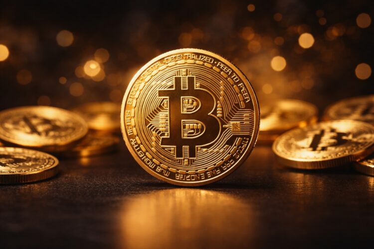 Moneda de Bitcoin en primer plano con varias monedas desenfocadas.