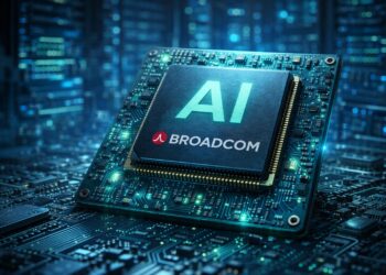 Chip de IA de Broadcom iluminado sobre placa de circuito.