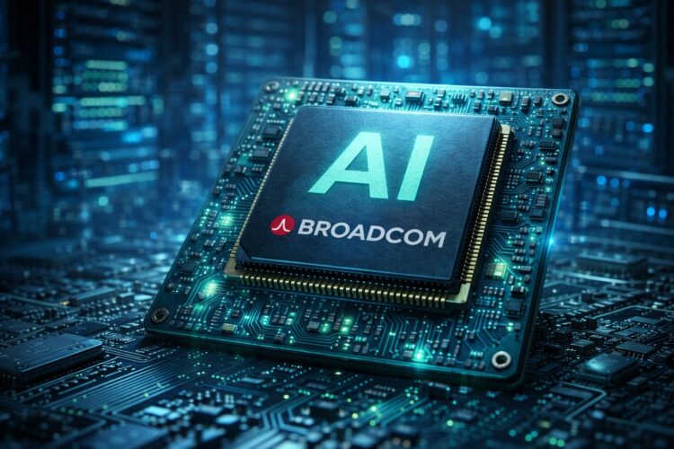 Chip de IA de Broadcom iluminado sobre placa de circuito.