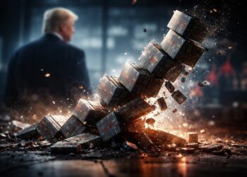 Estructura financiera colapsa mientras Trump se aleja desenfocado.