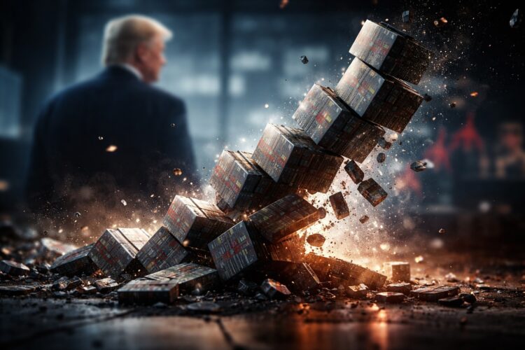Estructura financiera colapsa mientras Trump se aleja desenfocado.