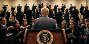 Toma trasera de Donald Trump detrás del podio presidencial, de pie frente a una densa línea de cámaras y reporteros.