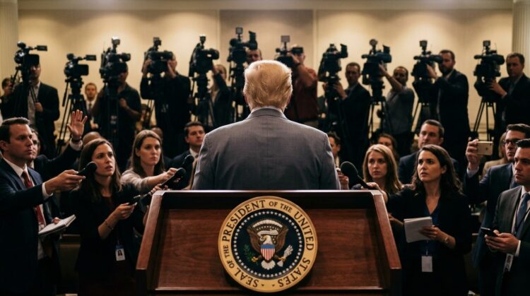 Toma trasera de Donald Trump detrás del podio presidencial, de pie frente a una densa línea de cámaras y reporteros.