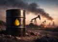 Barril de petróleo con refinería humeante al fondo.