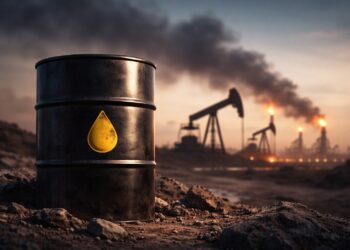 Barril de petróleo con refinería humeante al fondo.