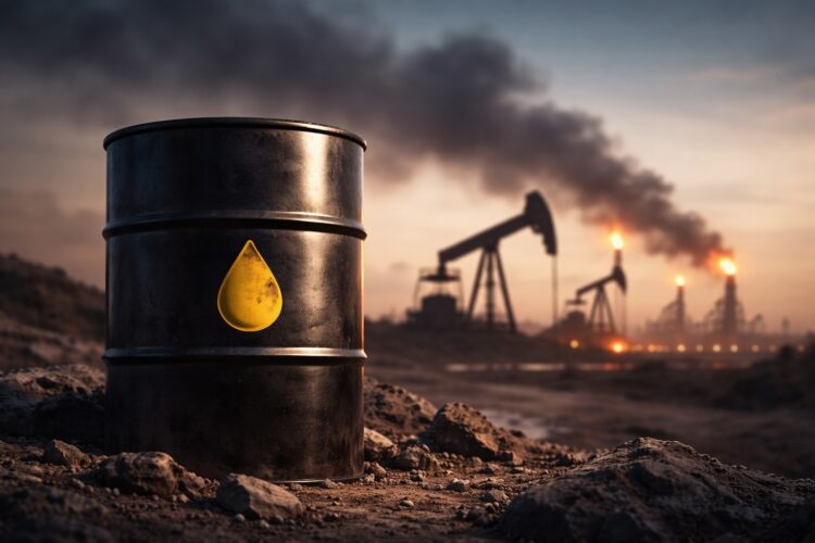 Barril de petróleo con refinería humeante al fondo.
