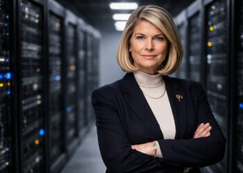 Cynthia Lummis en centro de datos con servidores desenfocados.