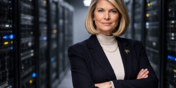 Cynthia Lummis en centro de datos con servidores desenfocados.