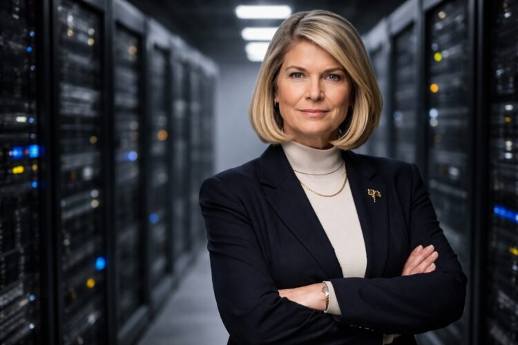 Cynthia Lummis en centro de datos con servidores desenfocados.