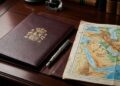 Carpeta con Escudo de España y mapa del Medio Oriente con notas sobre negociaciones de paz sobre escritorio de caoba.