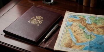 Carpeta con Escudo de España y mapa del Medio Oriente con notas sobre negociaciones de paz sobre escritorio de caoba.