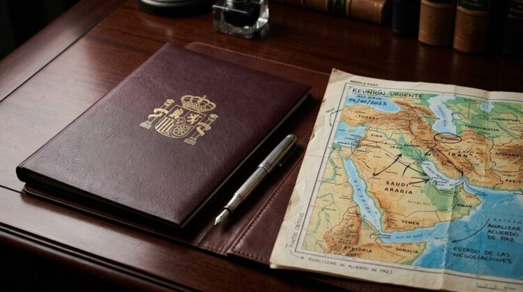 Carpeta con Escudo de España y mapa del Medio Oriente con notas sobre negociaciones de paz sobre escritorio de caoba.