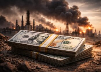 Fajo de dólares con refinería al fondo en crisis.