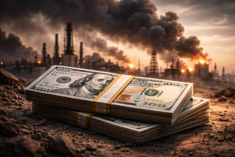 Fajo de dólares con refinería al fondo en crisis.