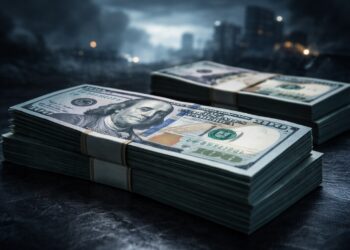 Dólares en primer plano con ciudad tensa y humo al fondo.