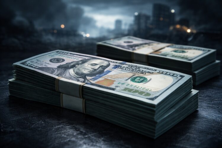 Dólares en primer plano con ciudad tensa y humo al fondo.