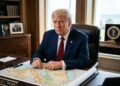Donald Trump, con traje y corbata roja, señala un mapa de Oriente Medio en su escritorio, con vistas al océano al fondo.