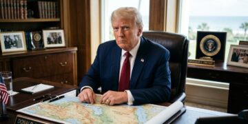 Donald Trump, con traje y corbata roja, señala un mapa de Oriente Medio en su escritorio, con vistas al océano al fondo.