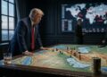 Donald Trump de traje de pie junto a un mapa estratégico iluminado en una sala de guerra de alta tecnología.