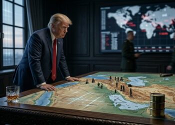 Donald Trump de traje de pie junto a un mapa estratégico iluminado en una sala de guerra de alta tecnología.