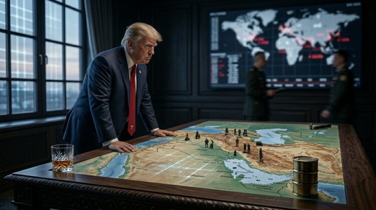 Donald Trump de traje de pie junto a un mapa estratégico iluminado en una sala de guerra de alta tecnología.