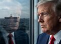 Donald Trump de traje mirando fijamente por una ventana, con el reflejo de un portaaviones en el mar.
