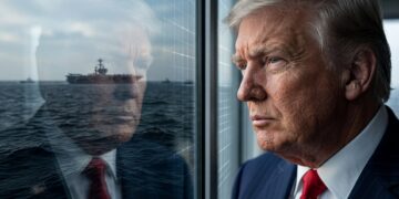 Donald Trump de traje mirando fijamente por una ventana, con el reflejo de un portaaviones en el mar.
