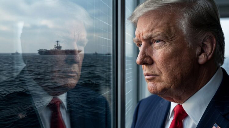 Donald Trump de traje mirando fijamente por una ventana, con el reflejo de un portaaviones en el mar.