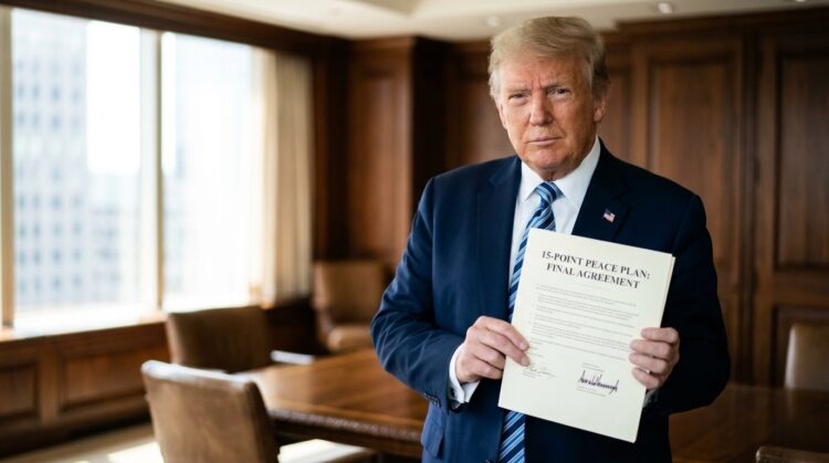 Donald Trump sostiene el documento "Plan de Paz de 15 Puntos: Acuerdo Final" en una sala de juntas con paneles de madera.