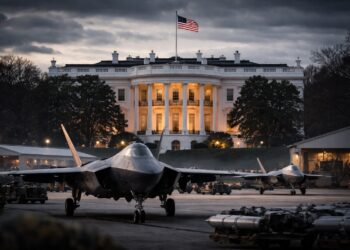 Casa Blanca con aviones militares en entorno de defensa.