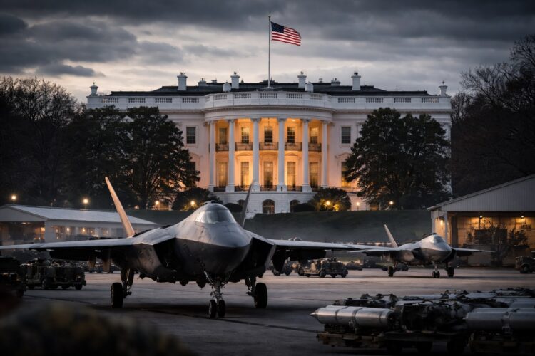 Casa Blanca con aviones militares en entorno de defensa.