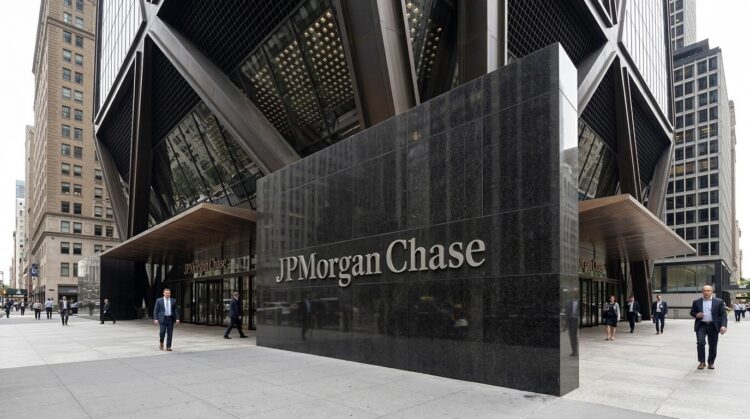 Cartel de JPMorgan Chase en piedra pulida frente a un edificio moderno con estructura en forma de X en Nueva York