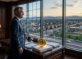 Un hombre de negocios en traje mirando por la ventana de una oficina con un Bitcoin gigante sobre fajos de billetes.