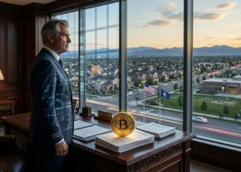 Un hombre de negocios en traje mirando por la ventana de una oficina con un Bitcoin gigante sobre fajos de billetes.