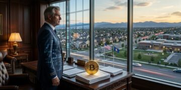 Un hombre de negocios en traje mirando por la ventana de una oficina con un Bitcoin gigante sobre fajos de billetes.