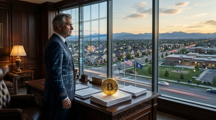 Un hombre de negocios en traje mirando por la ventana de una oficina con un Bitcoin gigante sobre fajos de billetes.