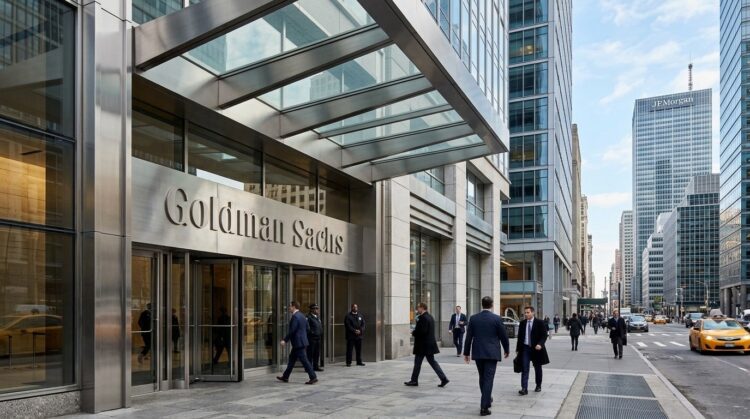 Entrada de la sede de Goldman Sachs en Nueva York, con el letrero corporativo sobre las puertas de cristal y personas con trajes caminando. Fotografía de prensa financiera.