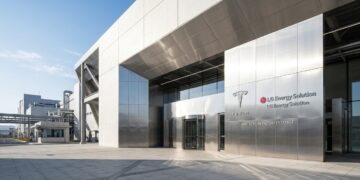 Entrada de fábrica moderna con paneles metálicos y logotipos de Tesla y LG Energy Solution. Plaza pavimentada y cielo despejado.