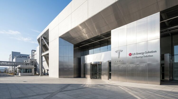 Entrada de fábrica moderna con paneles metálicos y logotipos de Tesla y LG Energy Solution. Plaza pavimentada y cielo despejado.
