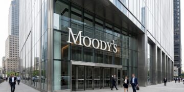 Entrada de rascacielos de cristal con el cartel de Moody's. Profesionales con traje caminan por la acera de enfrente.